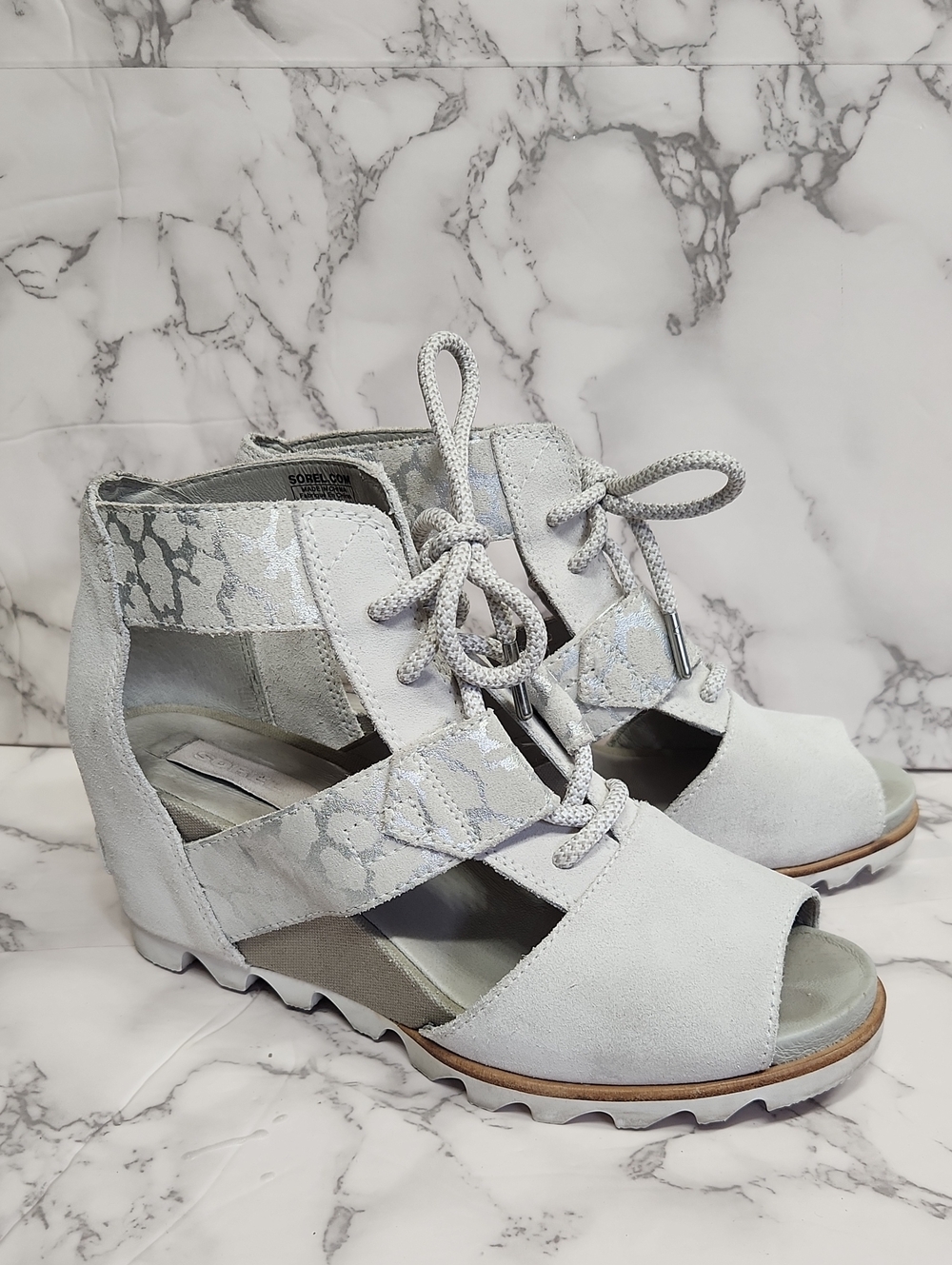 Sorel Light Gray Lace-Up Cutout Wedge Sandals